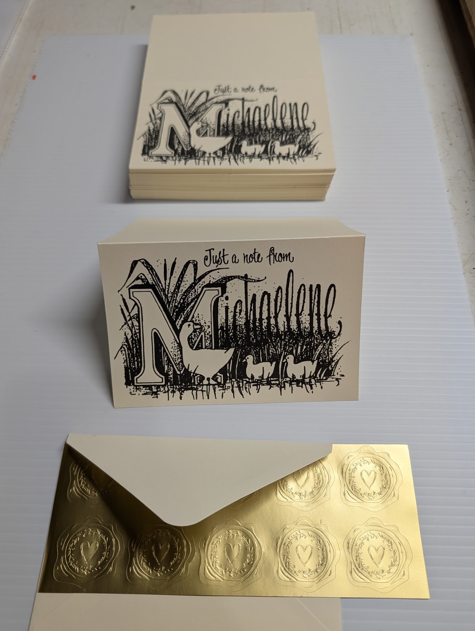 Custom notecards and gold foil wax seal stickers for Kathaelene